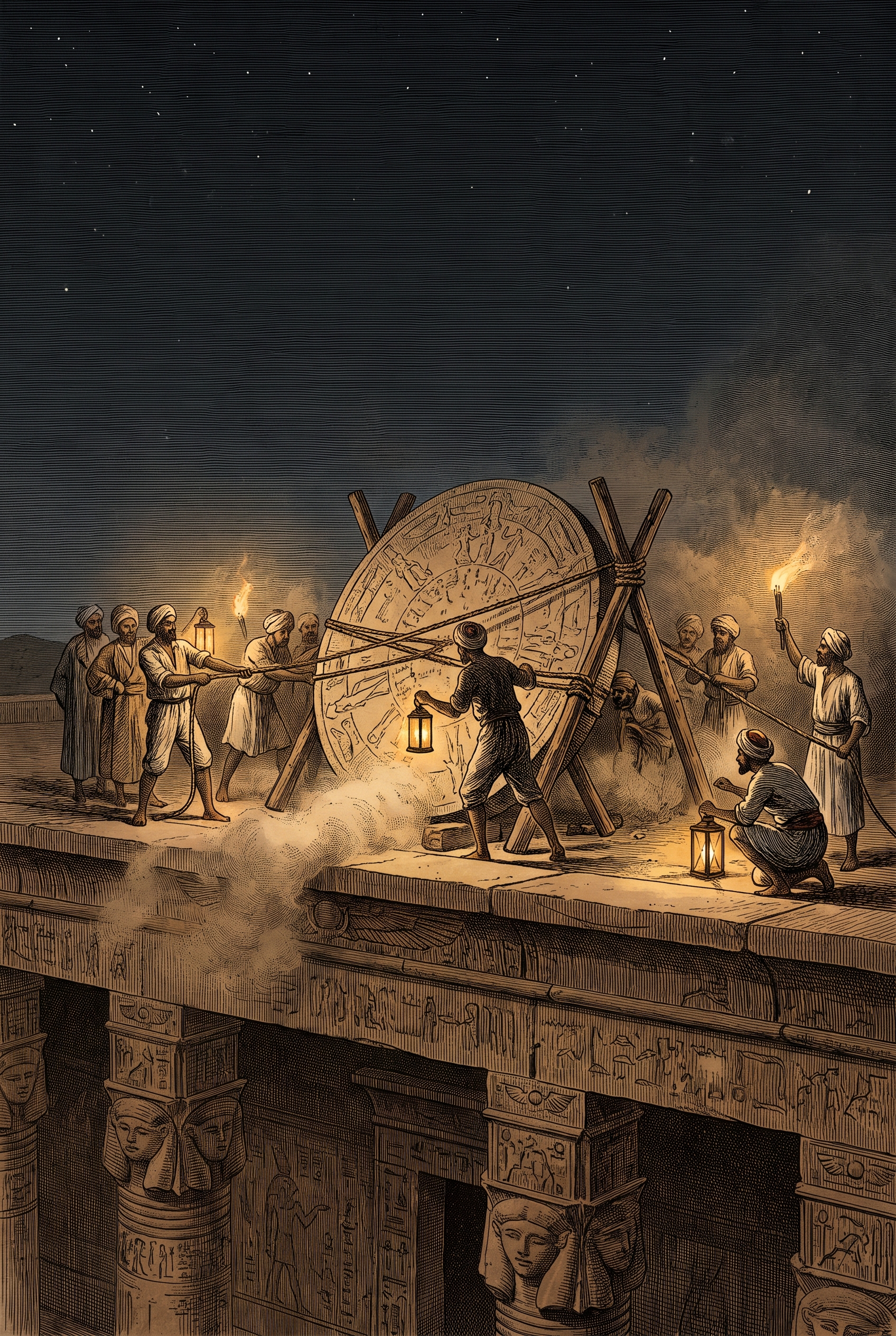 Workers with ropes, timber frames and lanterns moving the great carved disk on the temple roof