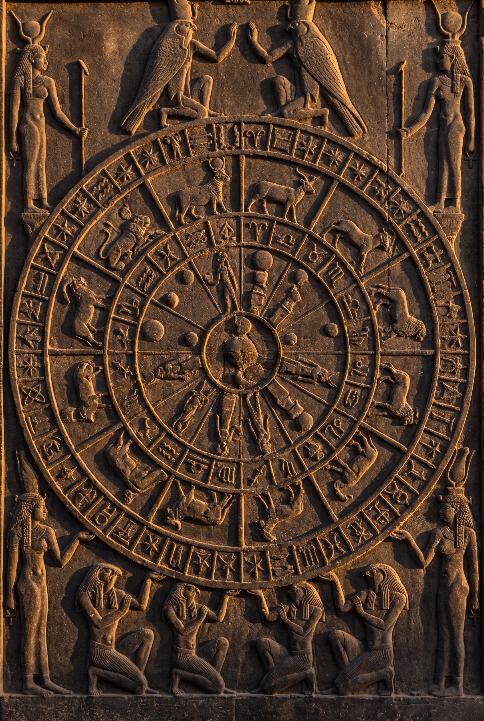 The Dendera zodiac: the circular sandstone sky-map relief from the Temple of Hathor, seen straight on and filling the whole frame edge to edge. The round disk is packed with carved Egyptian figures of the zodiac signs and planets, a ring of decan sta