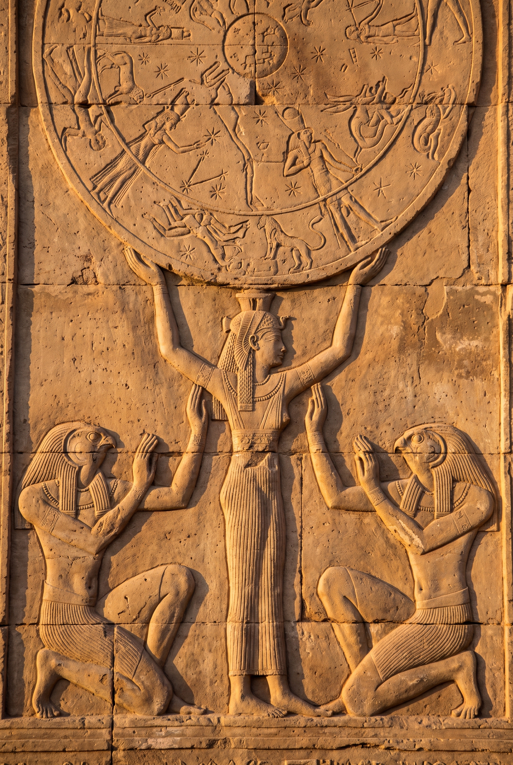 A goddess and two kneeling falcon-headed figures lifting the carved sky disk