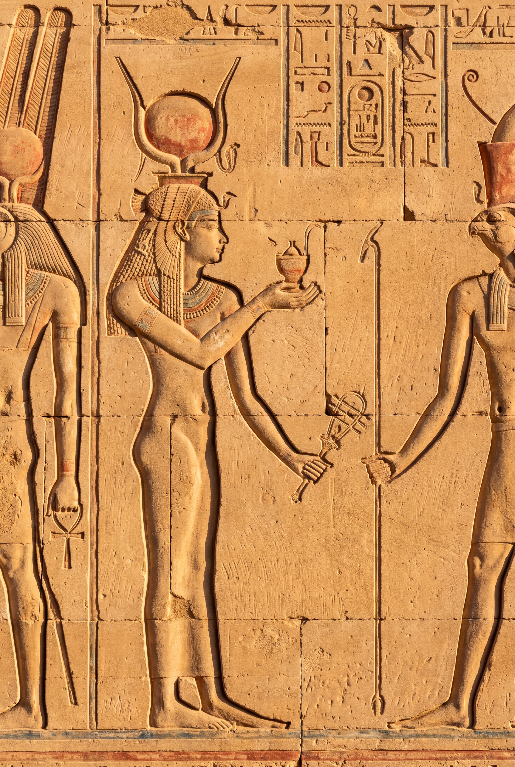 Cleopatra in an Egyptian sandstone relief, wearing the cow horns and sun disk of Hathor