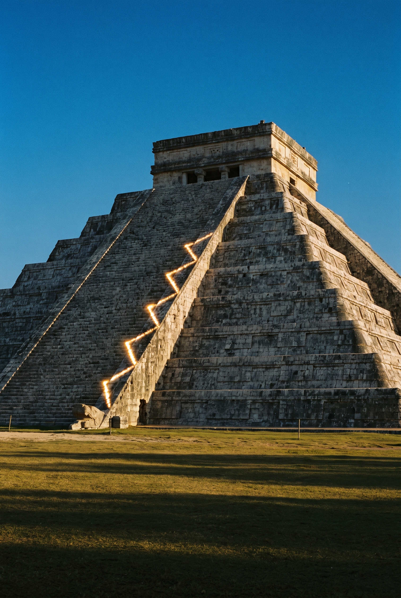 El Castillo, the Temple of Kukulcán at Chichén Itzá in Yucatán, Mexico, seen from the northwest in late-afternoon equinox light. The steep grey limestone pyramid with nine stepped terraces and a small temple on top. Down the edge of its north stairwa