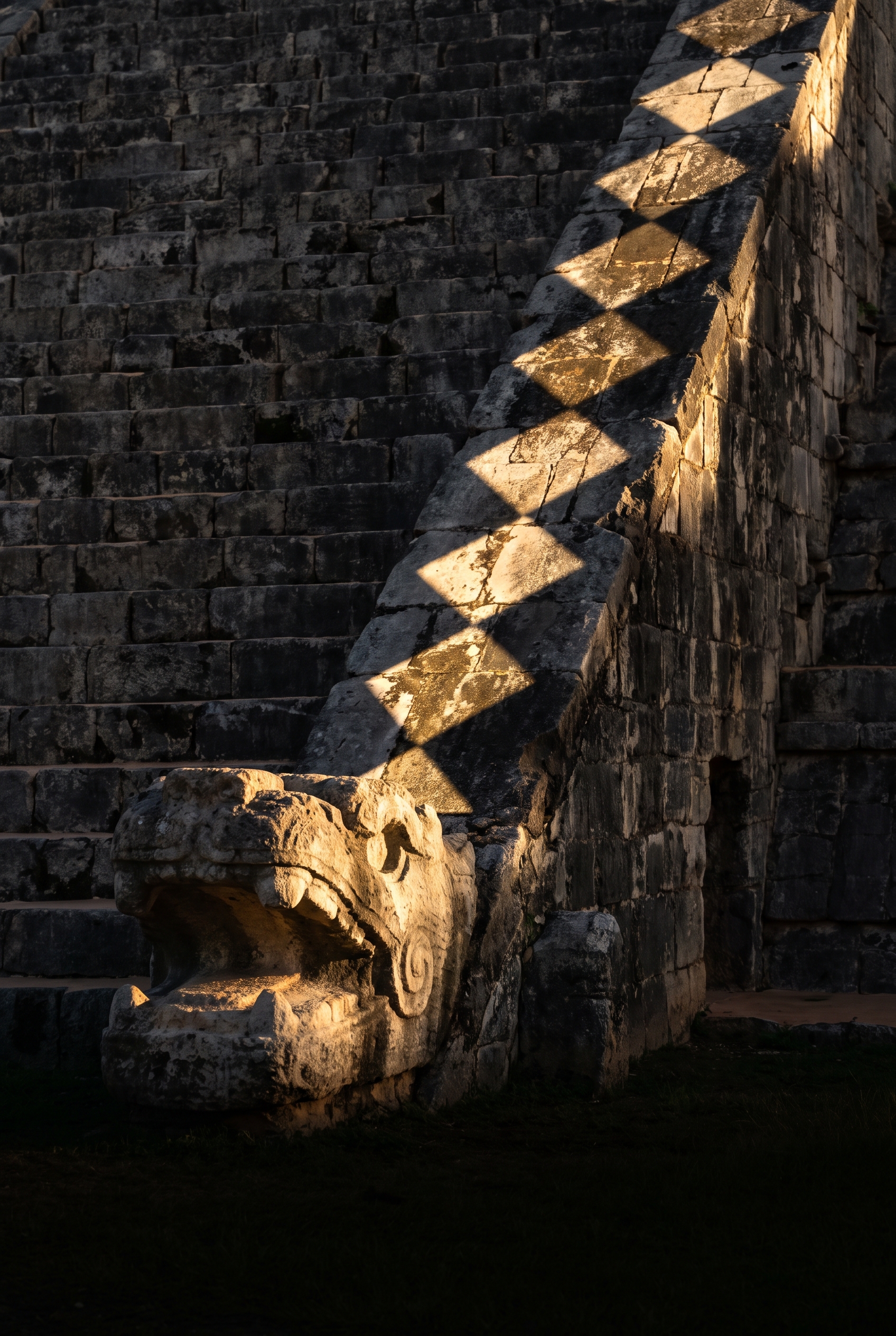 Zigzag triangles of late-afternoon sunlight running down the stone side of El Castillo's north stairway to a great carved serpent head
