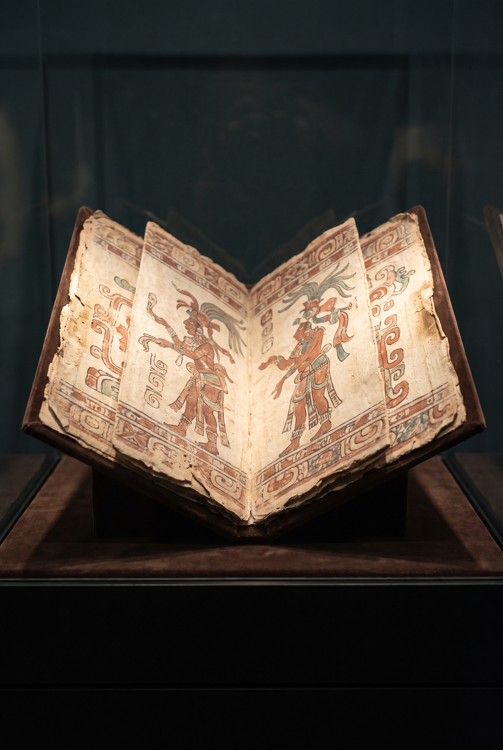 An accordion-folded Maya bark-paper book lying open under soft museum light, painted figures in red, black and blue-green