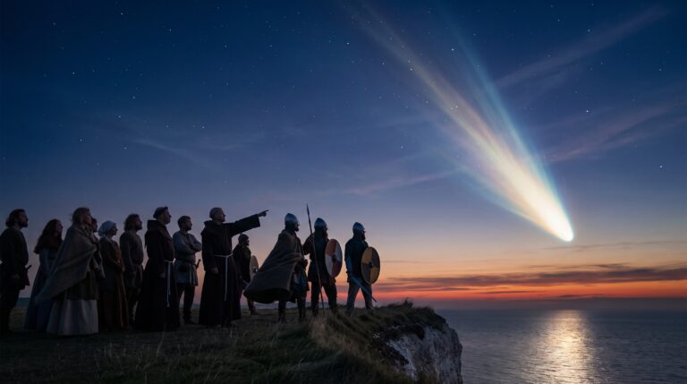 Spring of 1066 on the English coast at dusk, a wide cinematic shot. A small crowd of Anglo-Saxon villagers, monks and a few soldiers stands on a grassy chalk clifftop, seen from behind and slightly below so they are dark silhouettes against the sky;