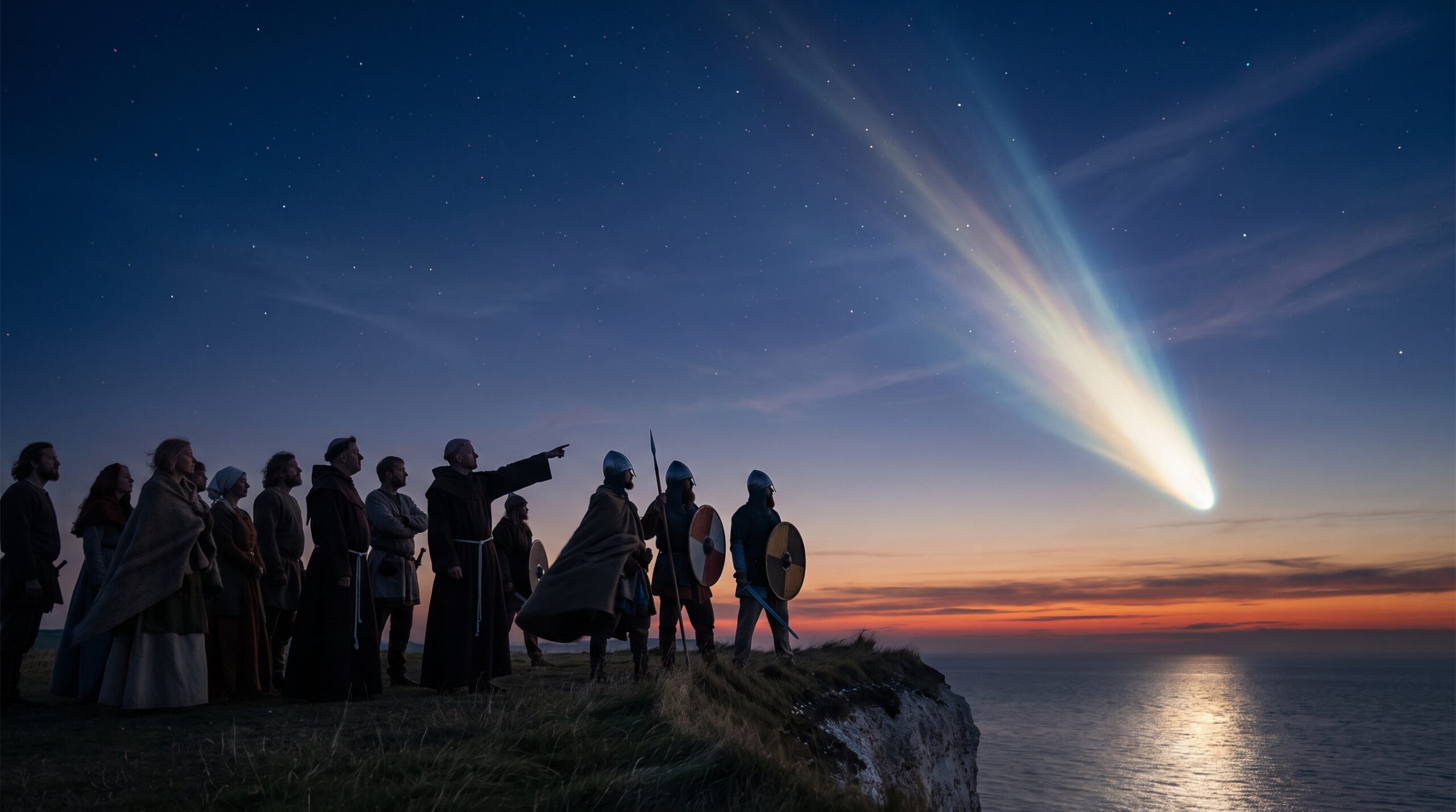 Spring of 1066 on the English coast at dusk, a wide cinematic shot. A small crowd of Anglo-Saxon villagers, monks and a few soldiers stands on a grassy chalk clifftop, seen from behind and slightly below so they are dark silhouettes against the sky;