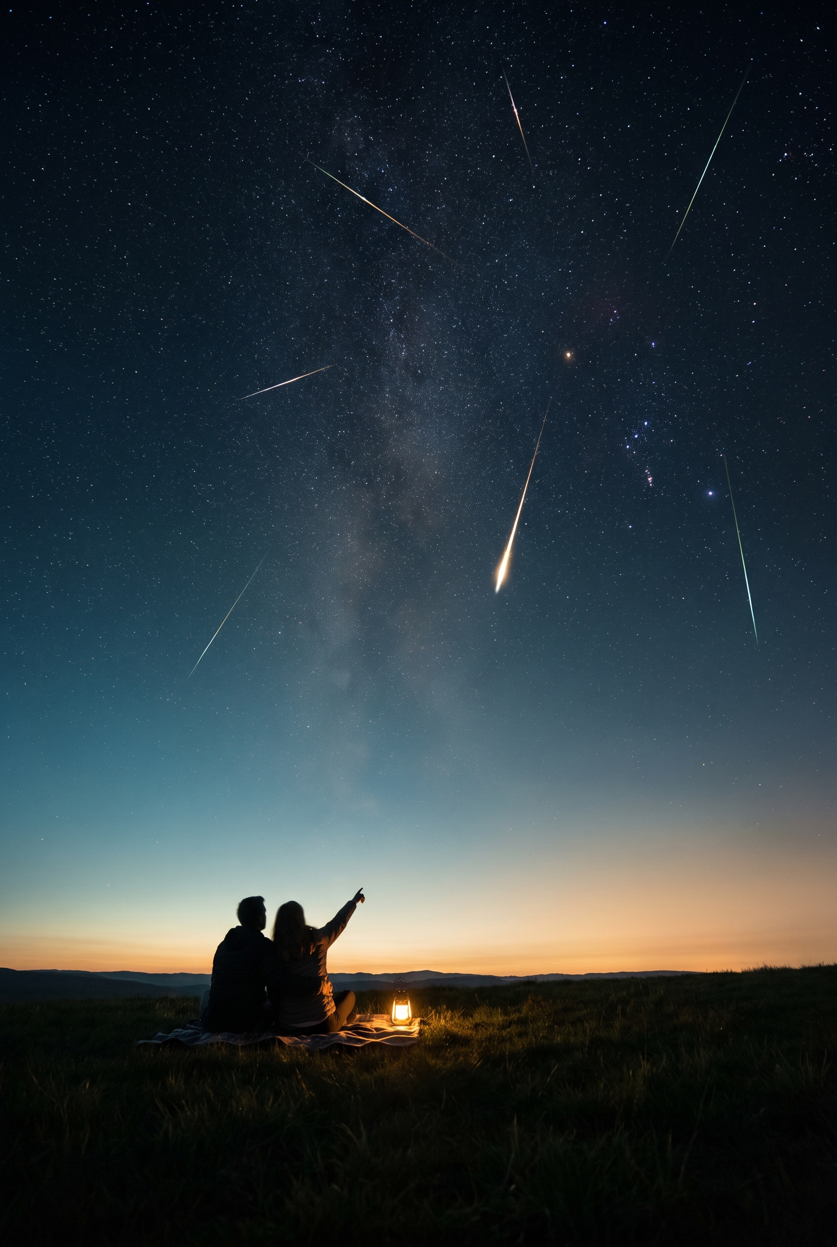 Meteors streaking over a dark countryside skyline