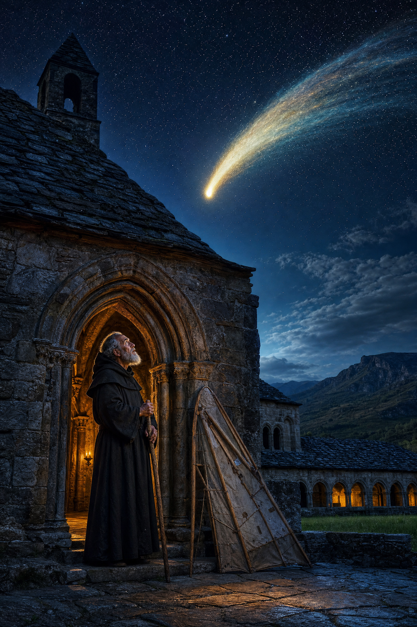 An old monk in a stone abbey doorway looking up at a comet