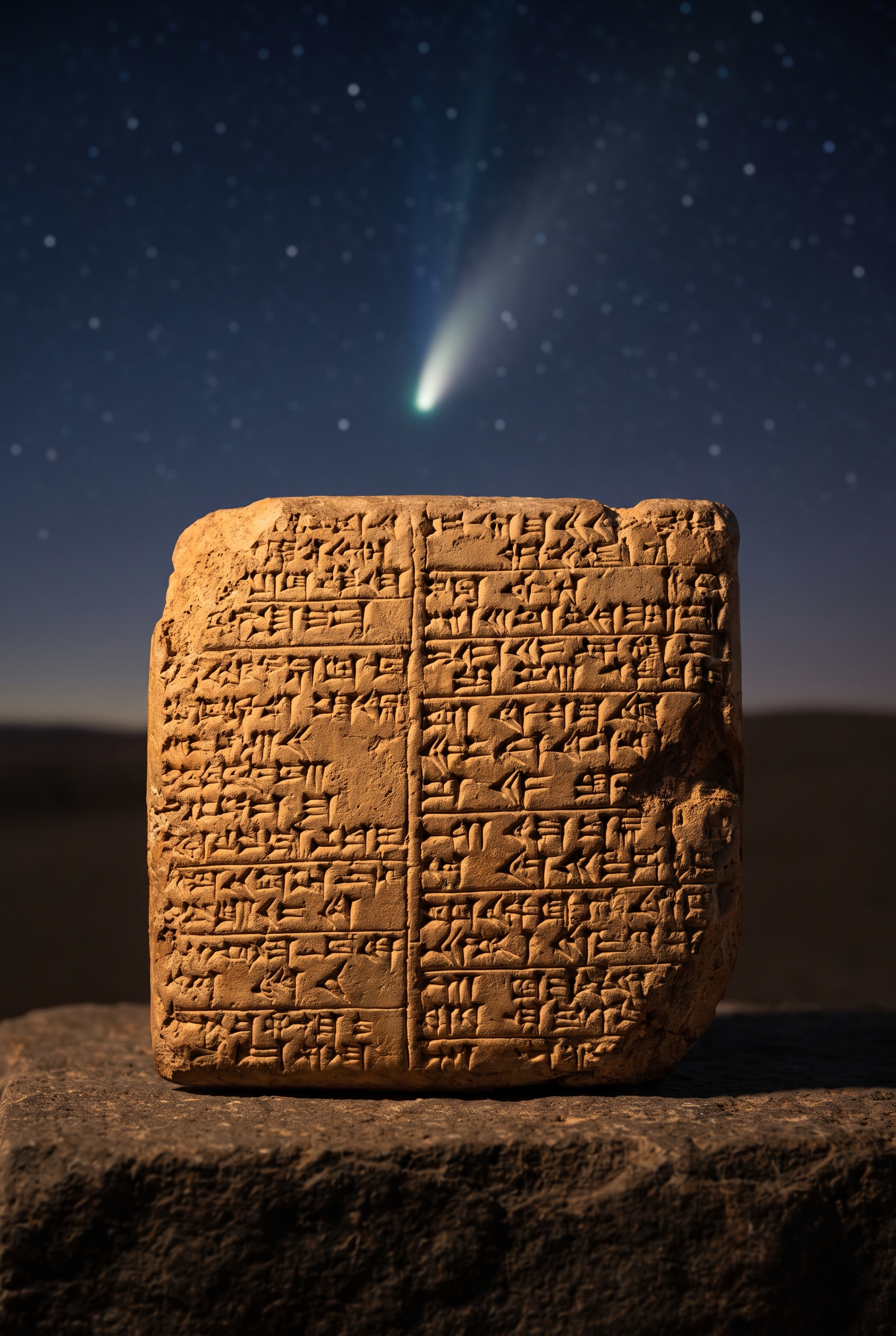 A clay tablet covered in wedge-shaped writing, a faint comet in the dark sky above