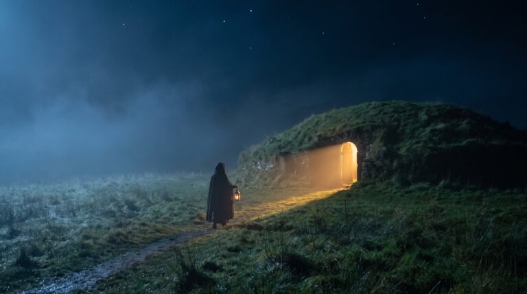 A wide cinematic film still on Halloween night in the west of Ireland. A low, ancient grass-covered mound rises from rolling misty fields. In its side, a doorway of warm golden light stands open, spilling a long beam across wet grass and through the