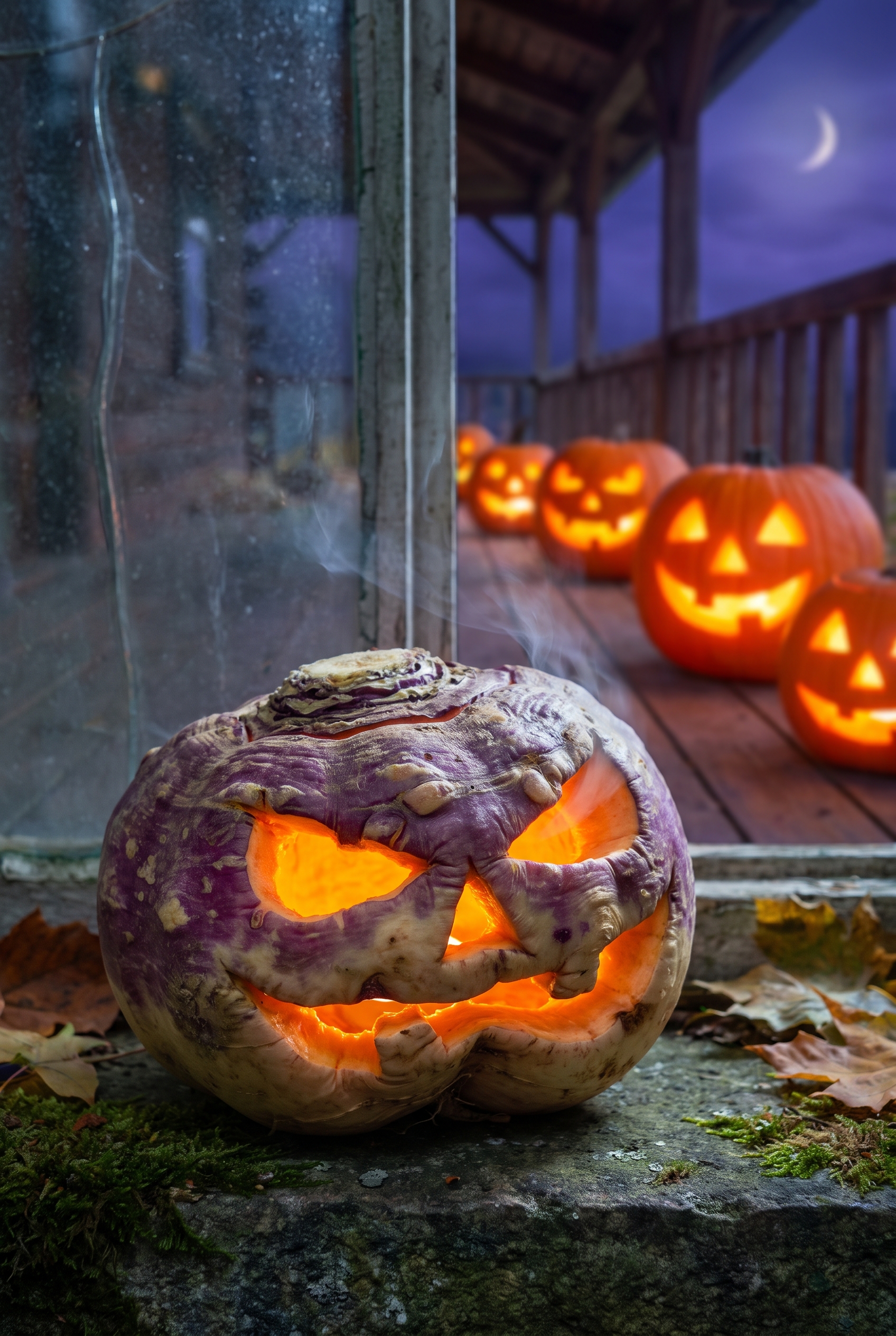 A gnarled purple turnip jack-o'-lantern on a stone windowsill, glowing pumpkins on the porch behind it