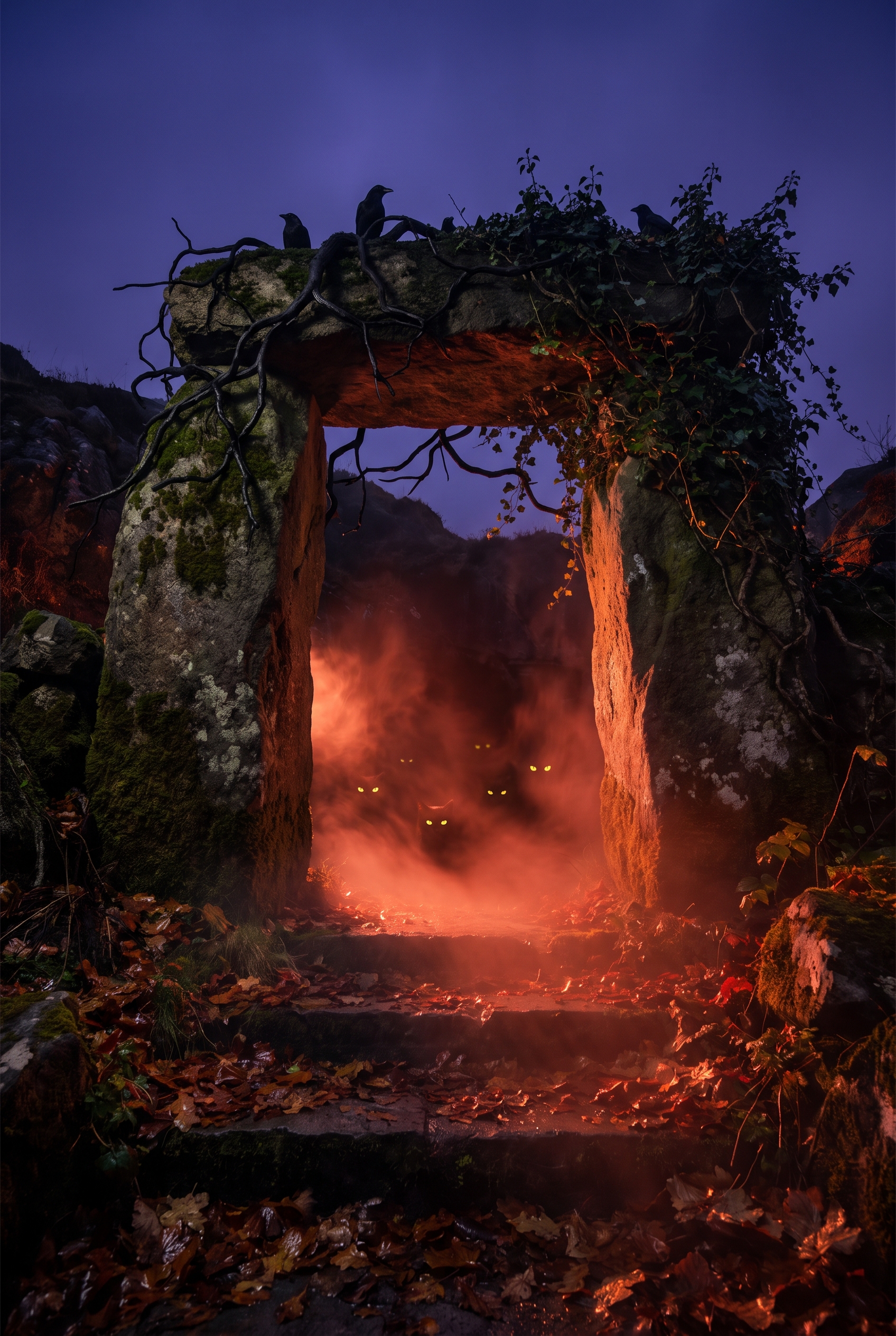 An ancient stone doorway with red smoke pouring out, glowing cat eyes inside and crows on the lintel