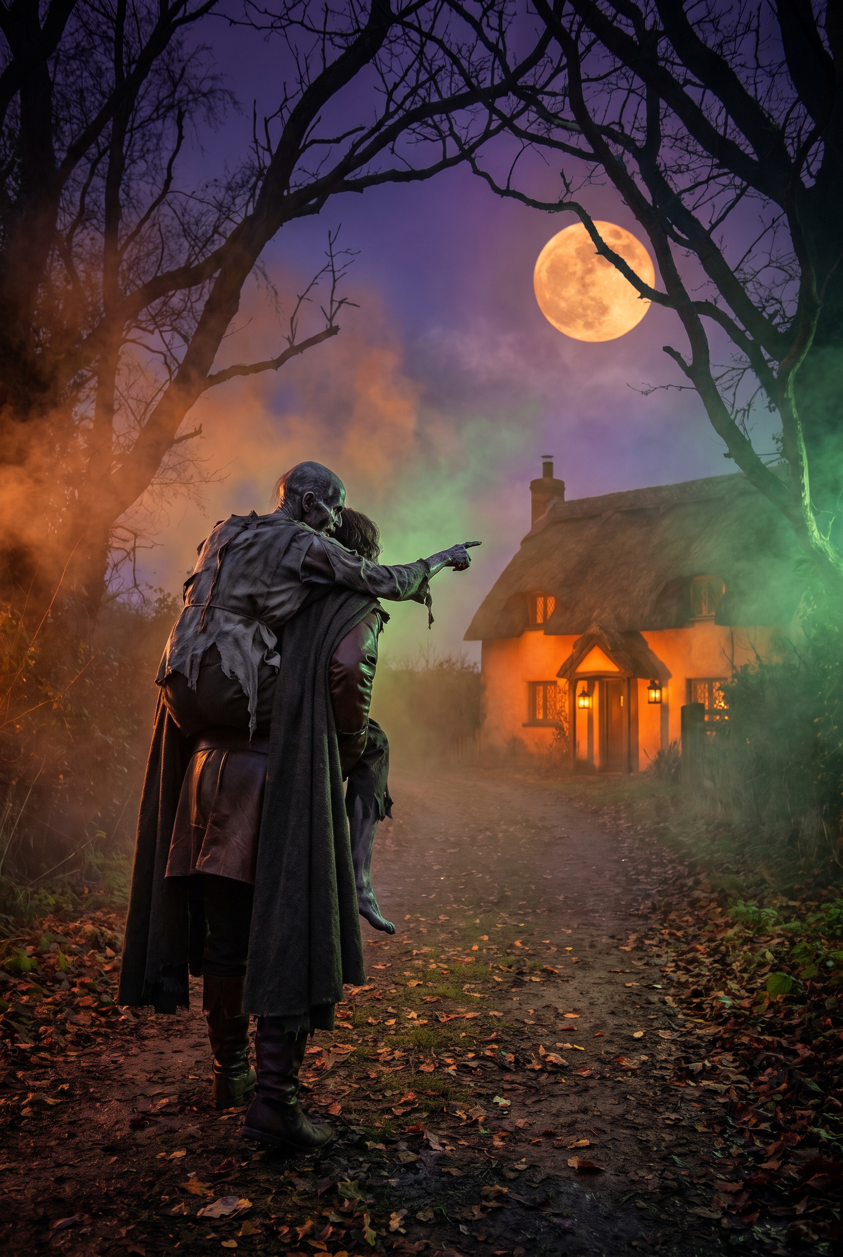 A cloaked warrior carrying a ghoulish dead man piggyback down a misty lane toward a glowing cottage