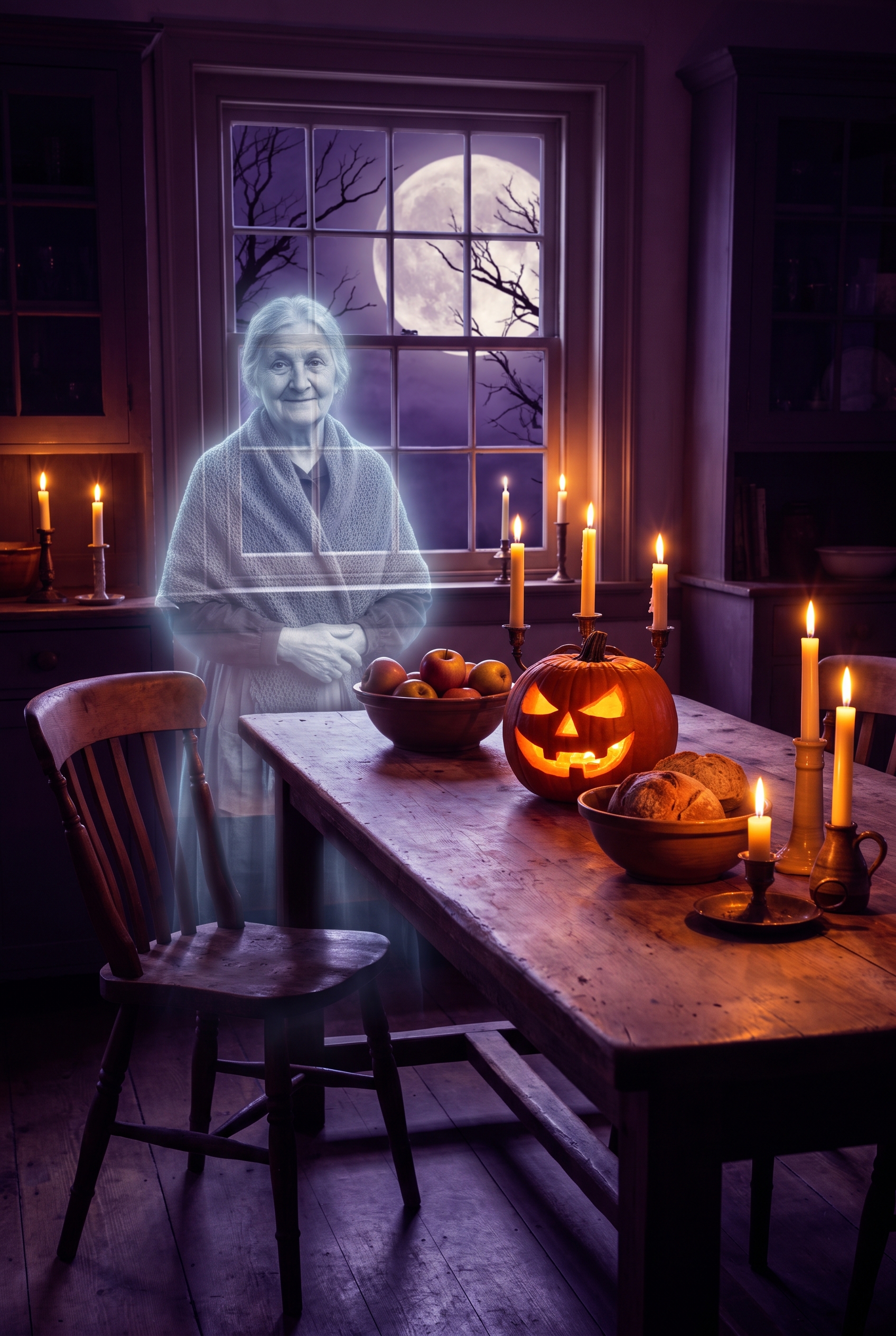 A ghostly grandmother beside an empty chair at a candlelit Halloween supper table