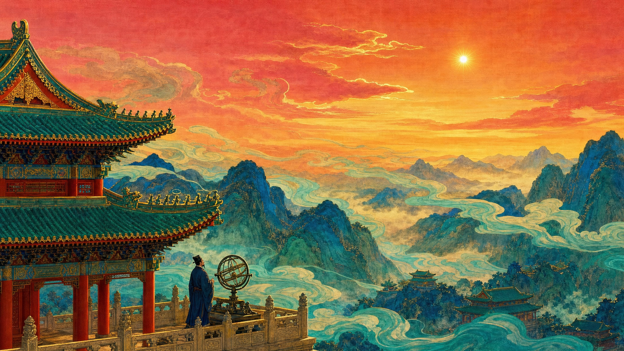 A wide horizontal Chinese silk painting in the blue-green landscape style of the Song dynasty, pushed to vivid, saturated colour: visible silk texture, fine ink outlines, flat layered mineral pigments rather than photographic light. Dawn in summer: t