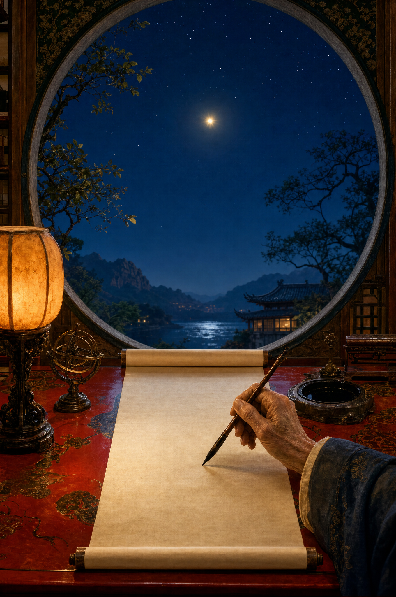 An old astronomer's hand with an ink brush over a blank scroll, the guest star burning through a round window