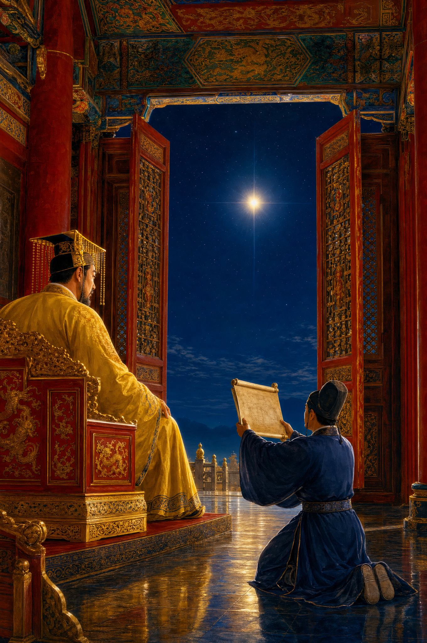A red and gold throne hall, an astronomer kneeling with a scroll, the guest star blazing through open doors