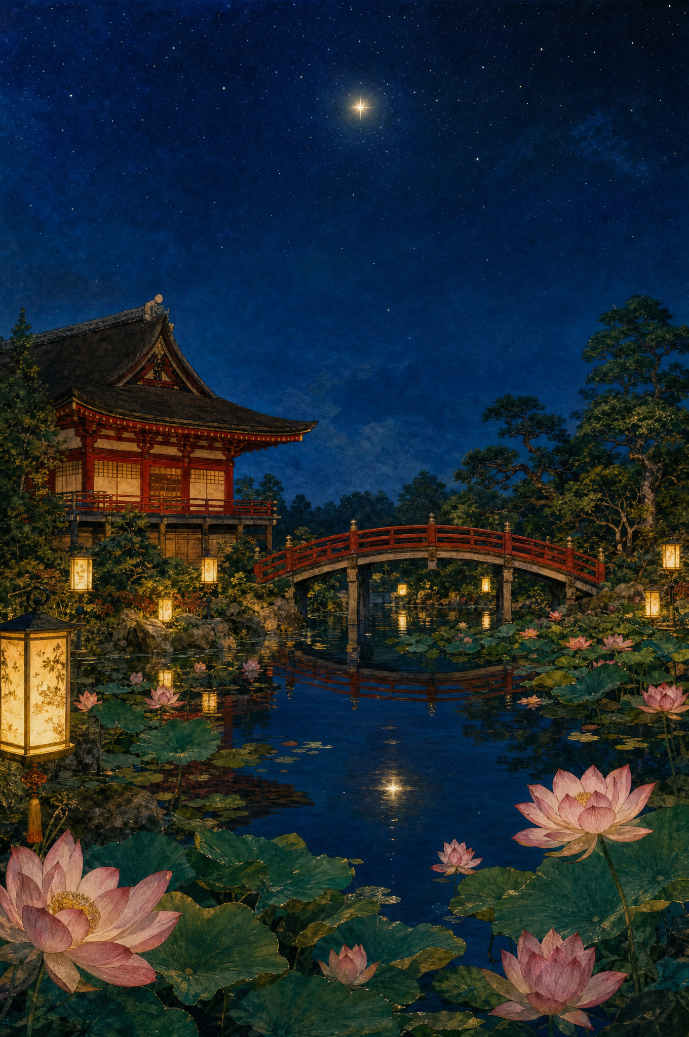 A Japanese pavilion and a red bridge over a lotus pond at night, the guest star shining in the water