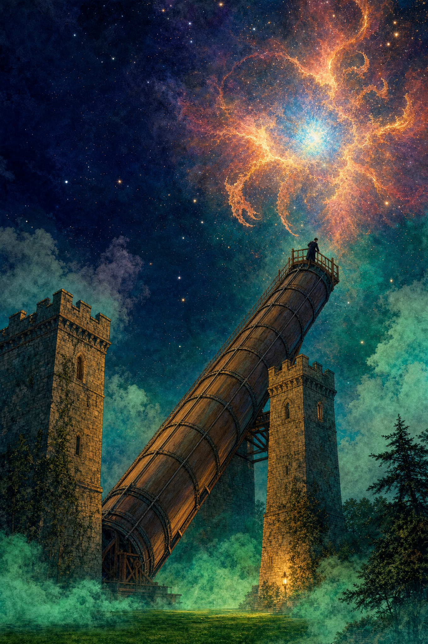 A giant wooden telescope between stone towers, pointing at a glowing nebula shaped like a crab