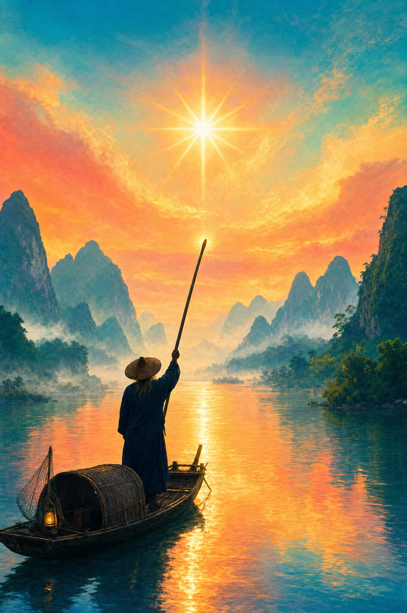 An old fisherman in a straw hat stands in his boat at dawn, holding his oar up to a huge blazing star