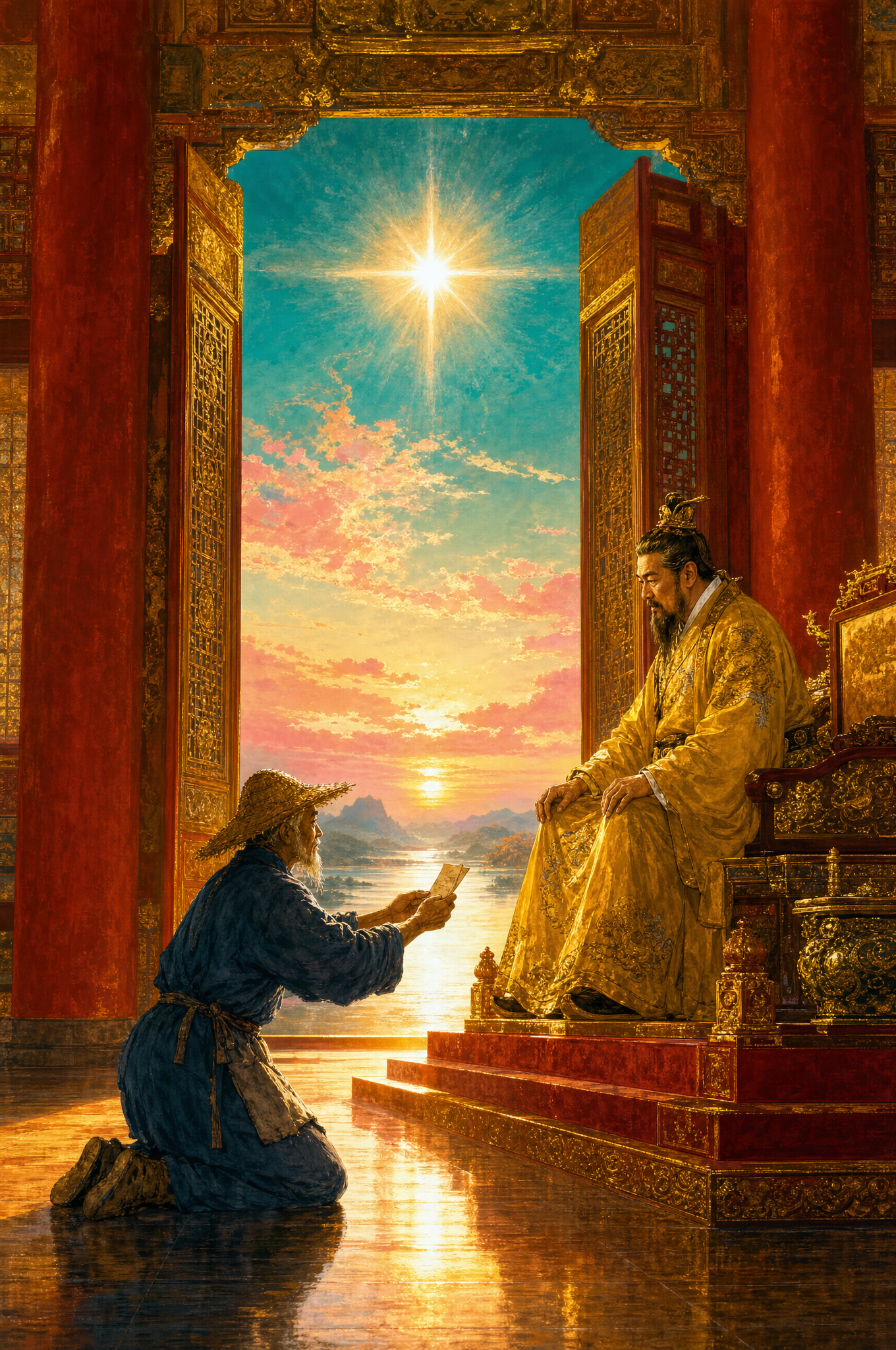 A red and gold throne hall, the fisherman kneeling with his note before the emperor, the guest star through open doors