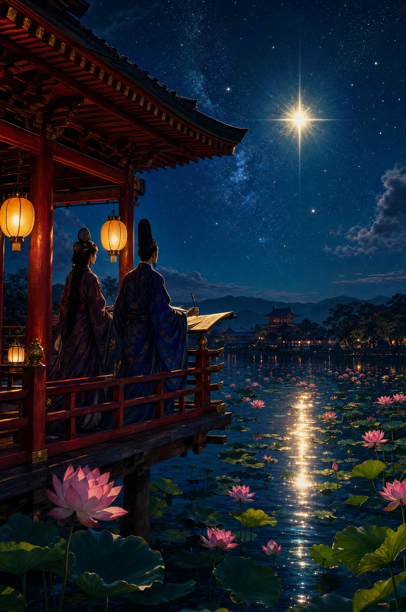 Two Japanese sky-watchers on a red pavilion over a lotus pond at night, the guest star above and in the water