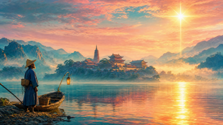 Wide 16:9 cinematic frame, vivid and saturated, in the spirit of a Chinese silk painting pushed to bold modern colour, matching a series of luminous fable paintings. China, summer dawn, 1054. A wide river reflects an apricot, rose and turquoise sunri