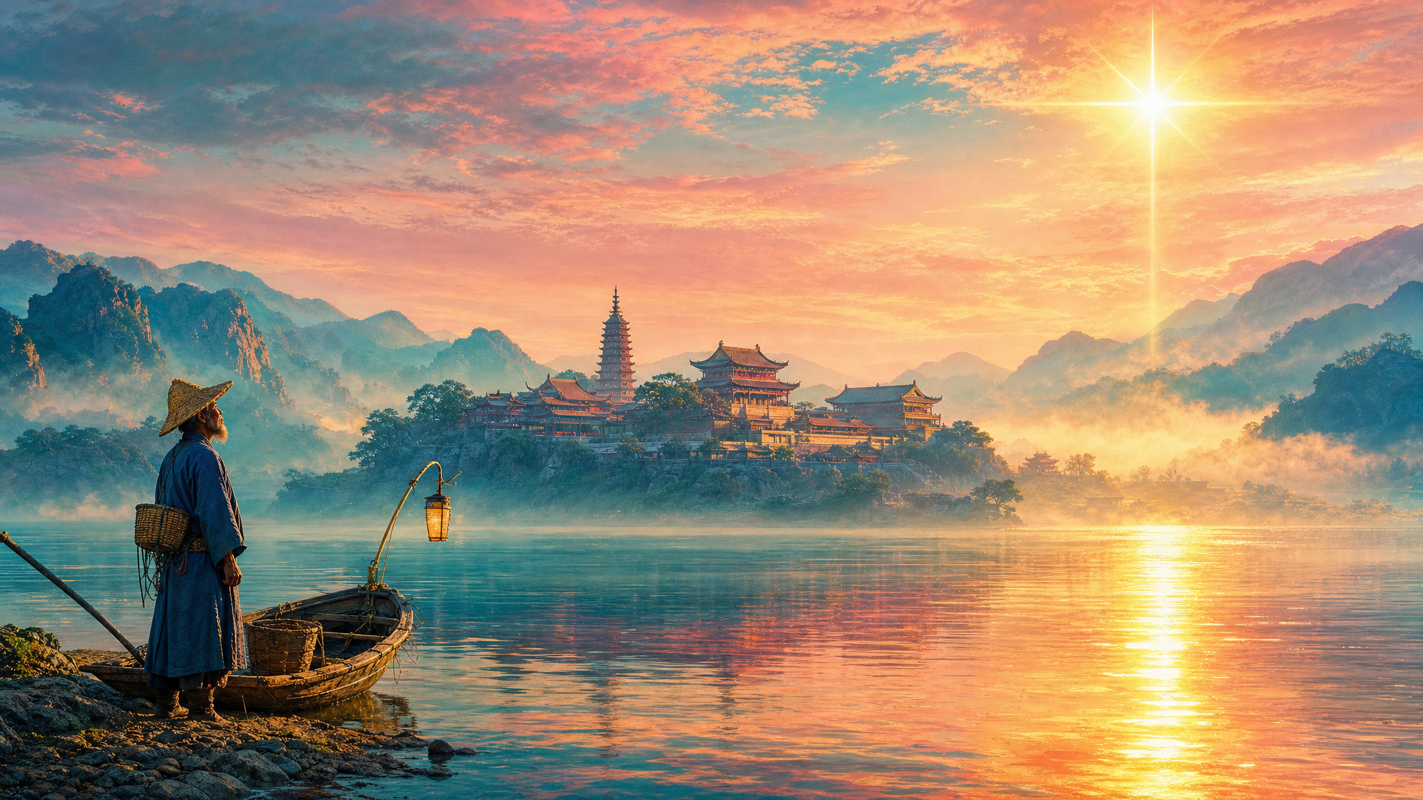Wide 16:9 cinematic frame, vivid and saturated, in the spirit of a Chinese silk painting pushed to bold modern colour, matching a series of luminous fable paintings. China, summer dawn, 1054. A wide river reflects an apricot, rose and turquoise sunri
