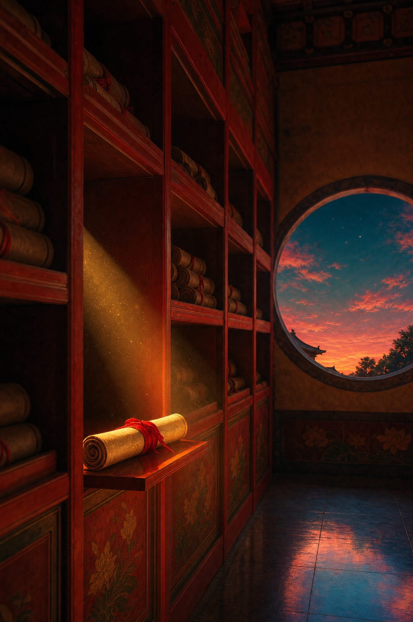 One scroll tied with red silk glowing on a palace shelf in a shaft of gold light