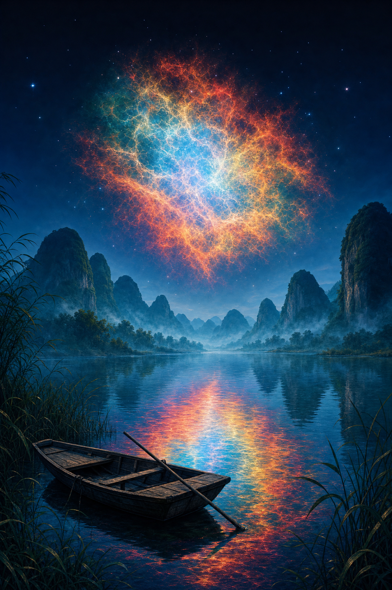 An empty fishing boat with its oar among reeds on a still river at sunrise