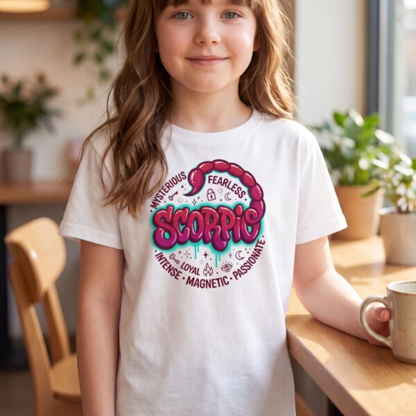 Scorpio Graffiti Street Sign kids T-shirt in white, worn by a girl in a bright café