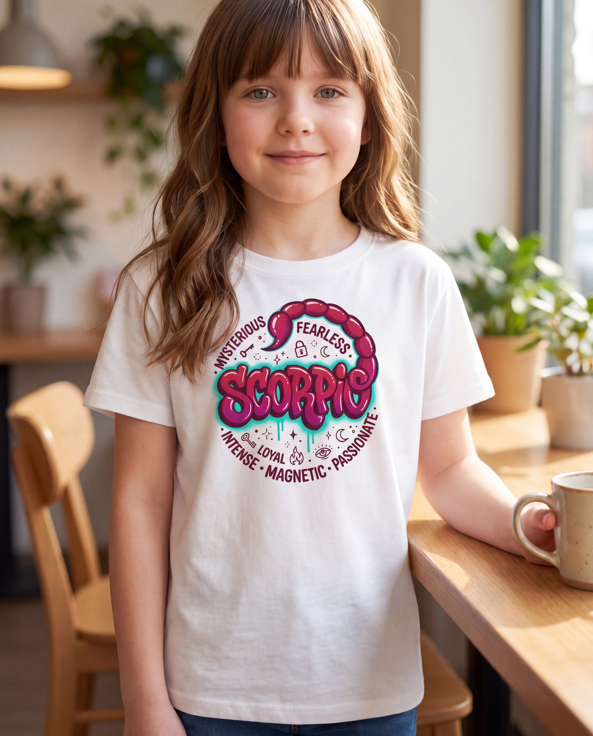 scorpio-graffiti-kids-tee-lila-2026-10-27-053b3b Scorpio Graffiti Street Sign kids T-shirt in white, worn by a girl in a bright café