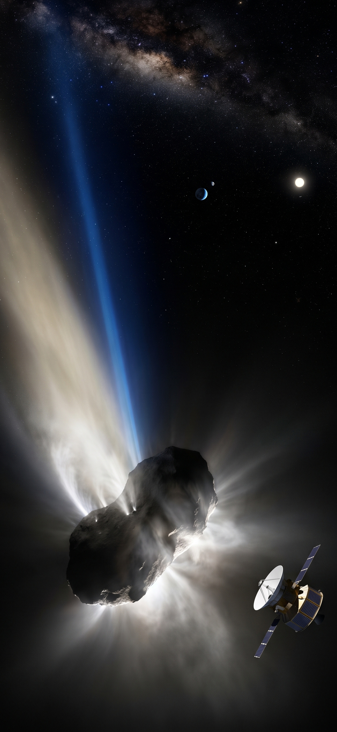 Halley's Comet as a phone wallpaper: its dark core spraying gas, a cream dust tail and a blue gas tail, with Earth, Venus and a passing space probe