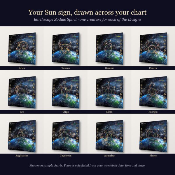 Earthscape Zodiac Spirit: the creature drawn across the chart for each of the 12 Sun signs, shown on sample charts