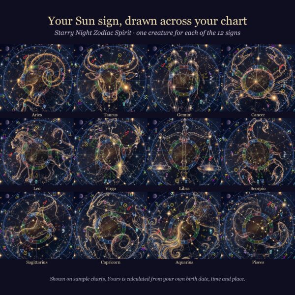 Starry Night Zodiac Spirit: the creature drawn across the chart for each of the 12 Sun signs, shown on sample charts