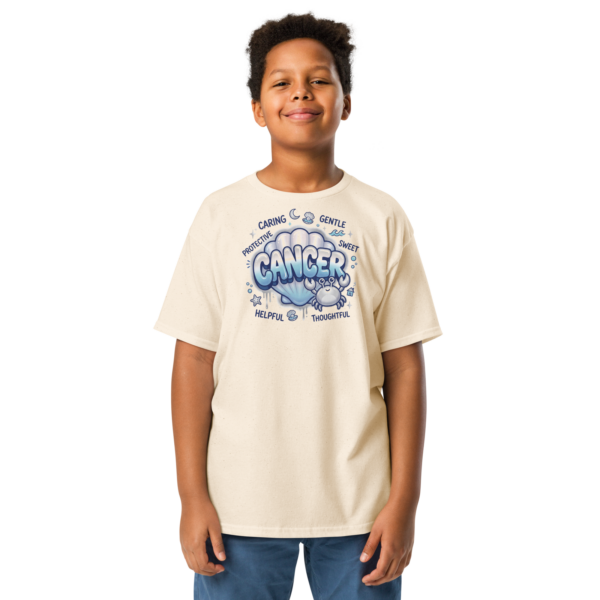 Cancer Aries: Street Sign × Scorpio: Street Sign Tail Badge Youth Classic Tee (Gildan 5000B), Natural, White, front