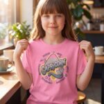 Capricorn Aries: Street Sign × Scorpio: Street Sign Tail Badge Youth Classic Tee (Gildan 5000B), Azalea, White, Light Blue in use: A bright café with warm natural window light