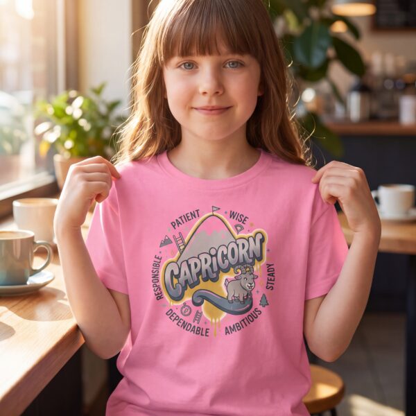 Capricorn Aries: Street Sign × Scorpio: Street Sign Tail Badge Youth Classic Tee (Gildan 5000B), Azalea, White, Light Blue in use: A bright café with warm natural window light