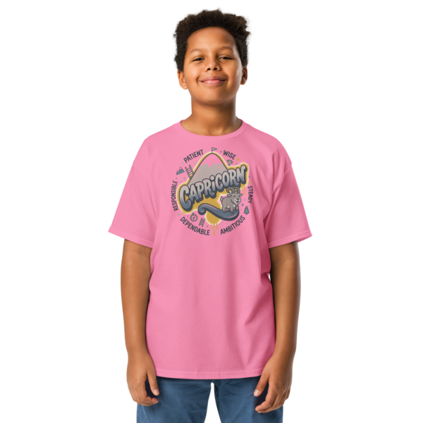 Capricorn Aries: Street Sign × Scorpio: Street Sign Tail Badge Youth Classic Tee (Gildan 5000B), Azalea, White, Light Blue, front