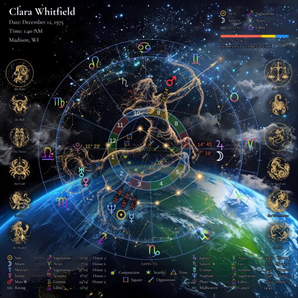 Earthscape with Figure personalized natal birth chart metal print, full chart straight on with a see-through Sagittarius archer figure over a view of Earth from space, with name, birth date, time and place