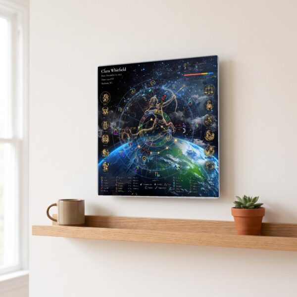 Earthscape with Figure personalized birth chart metal print hanging on a wall above a shelf, 12 x 12 inches