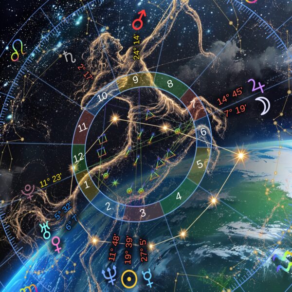 Close-up of the natal chart wheel on the Earthscape with Figure personalized metal print, planets and houses around a see-through Sagittarius archer over a view of Earth from space