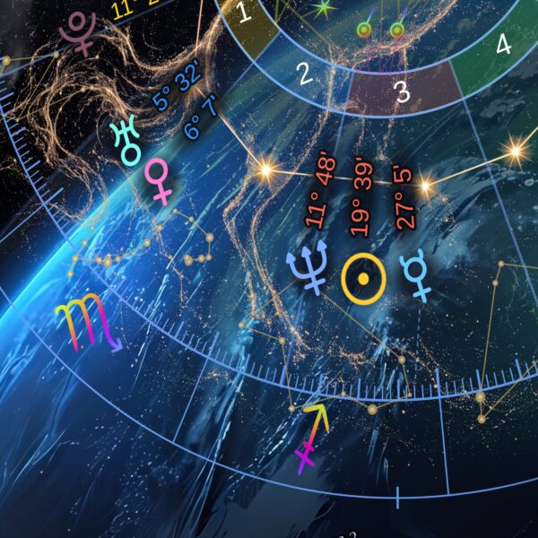 Constellation line art across the chart wheel on the Earthscape with Figure personalized birth chart metal print