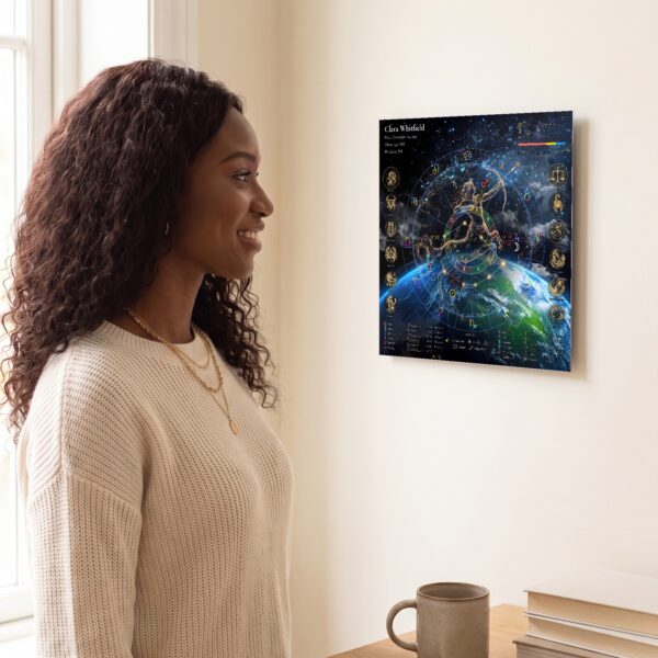 Woman admiring her Earthscape with Figure personalized birth chart metal print hanging on a wall