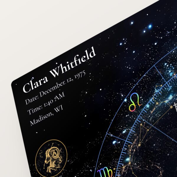 Close-up of the personalized name, birth date, time and place on the Earthscape with Figure natal chart metal print