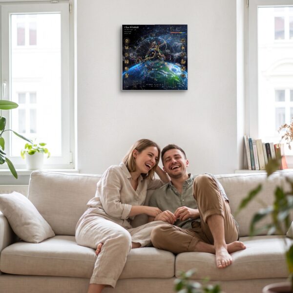 Couple on a sofa beneath an Earthscape with Figure personalized birth chart metal print