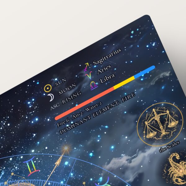 Big Three detail (Sun, Moon and Rising signs) on the Earthscape with Figure personalized natal chart metal print
