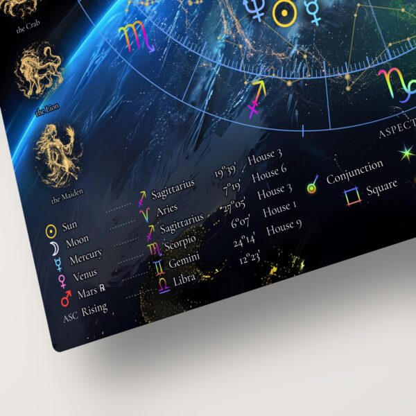 Planet placements table with signs, degrees and houses on the Earthscape with Figure personalized birth chart metal print