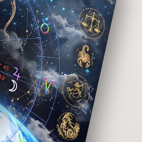 Illustrated zodiac medallions marking your Sun, Moon and Rising signs on the Earthscape with Figure personalized birth chart metal print