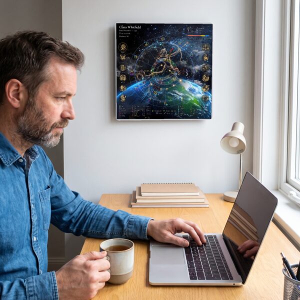 Person at a desk with an Earthscape with Figure personalized birth chart metal print on the wall