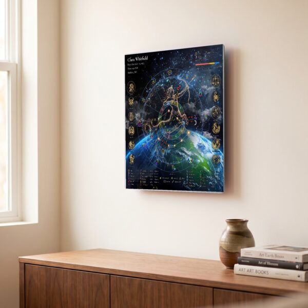 Earthscape with Figure personalized natal birth chart metal print displayed in a living room